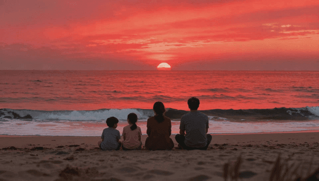 해변에서 붉은 노을을 바라보는 가족