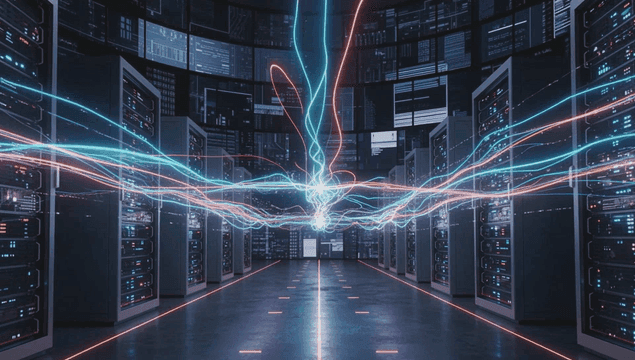 Data center with glowing network cables