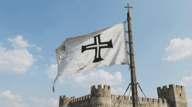 Teutonic Knights flag fluttering near ancient fortress
