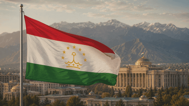 Tajikistani flag fluttering in front of magnificent building