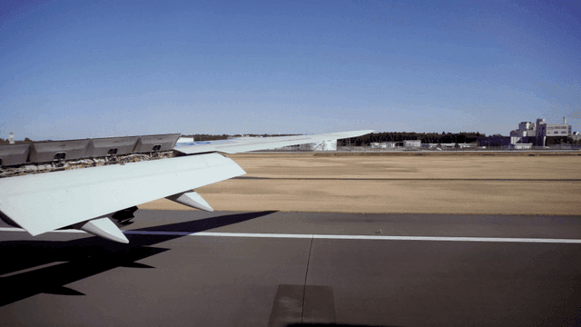 Airplane wing during landing on runway