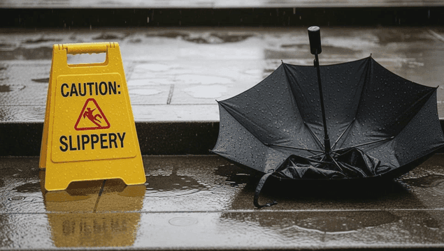Wet sidewalk with warning sign and broken umbrella