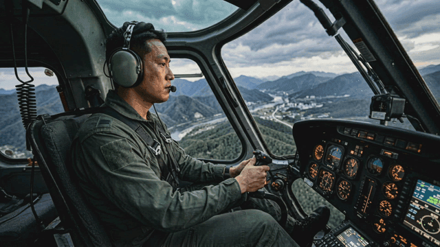 Pilot navigating a helicopter over mountains