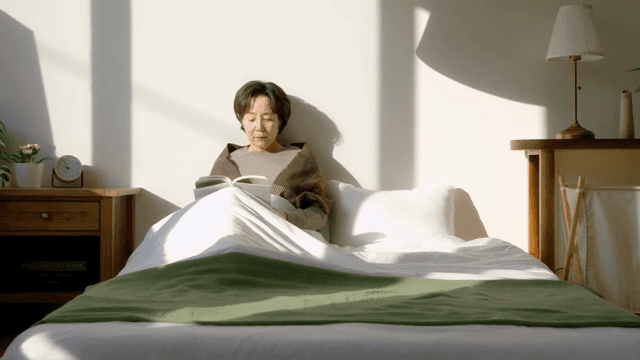 침대에서 책을 읽는 노인