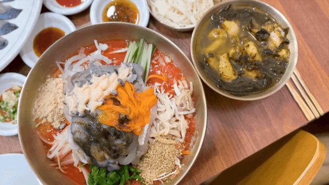 Korean seafood dish with side dishes
