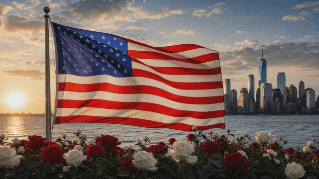 American flag fluttering against city sunset skyline