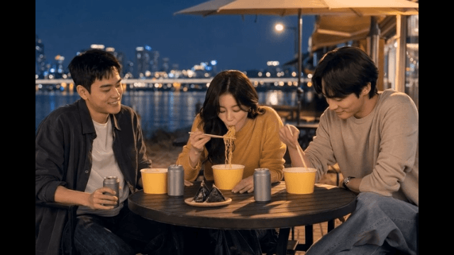 Friends eating ramen by river