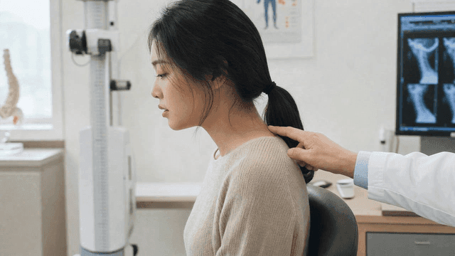 Scene of doctor examining neck of patient with forward head posture.
