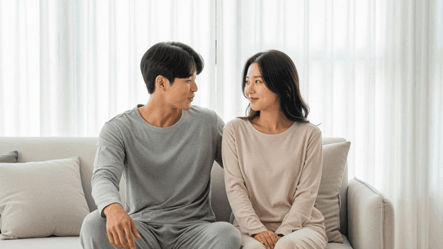 Newlywed couple sitting on sofa having conversation