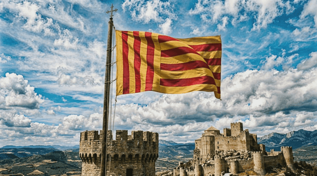Historic castle flying Spanish Catalan flag