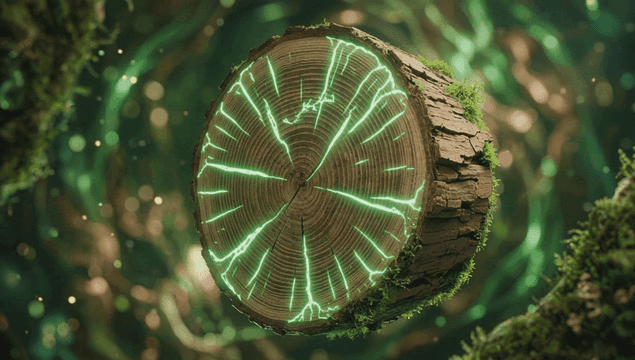 빛나는 선이 있는 나무 단면