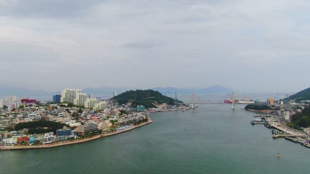 Coastal city with a bridge and harbor