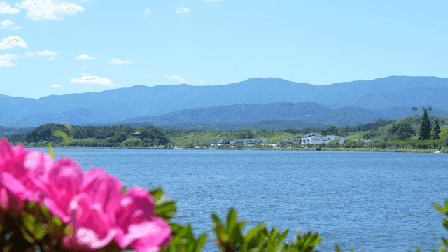 멀리 산이 보이는 고요한 호수