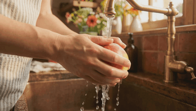 흐르는 물에 신선한 사과 씻기