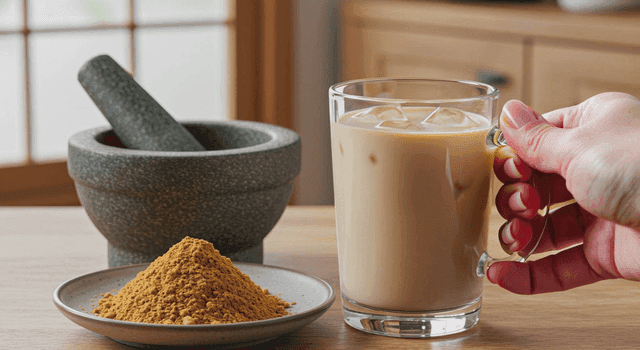 테이블 위의 절구와 차 한잔