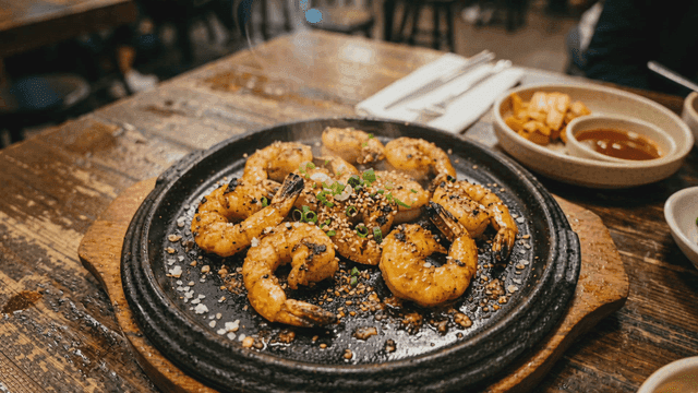 Grilled shrimp sizzling on a hot plate