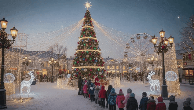 Children lining up to see Santa by a large Christmas tree