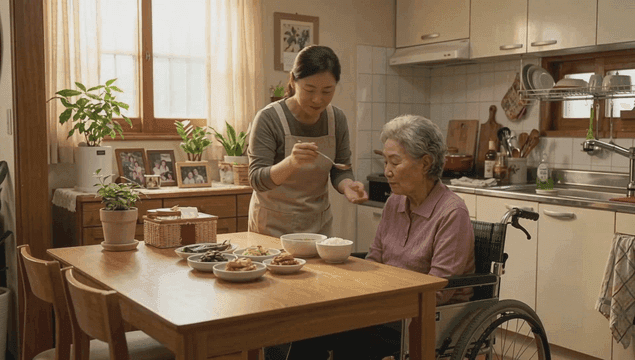 Private caregiver feeding elderly person in cozy kitchen