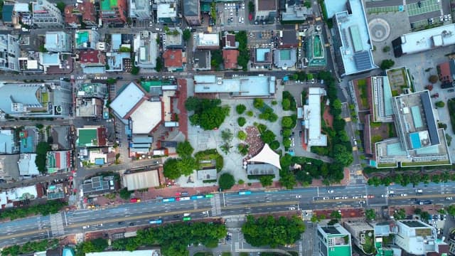 View of the Park in the City Getting Closer from the Sky