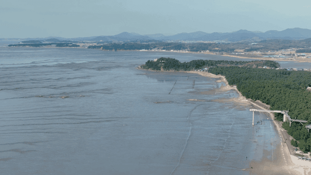 Tranquil coastal landscape with mountains in distance