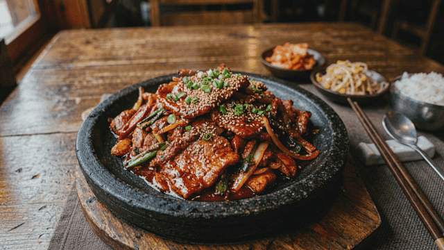 Spicy pork bulgogi served on a hot plate
