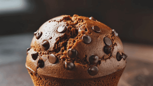Chocolate chip muffin on a wooden table