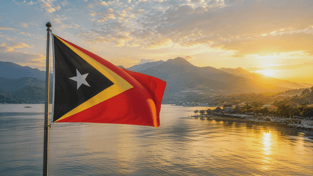 East Timor flag fluttering on beach at sunset