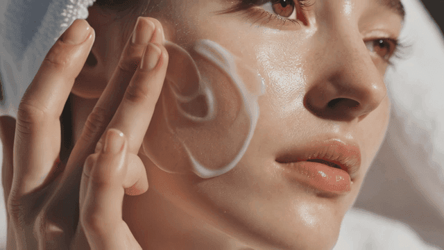 얼굴에 크림을 바르는 백인 여성