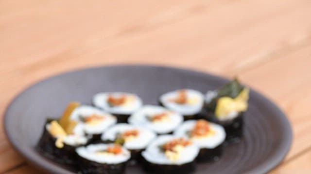 Appetizing kimbap with dried shrimp and mustard greens