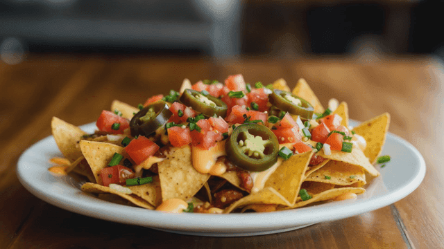 Plate of nachos topped with various toppings