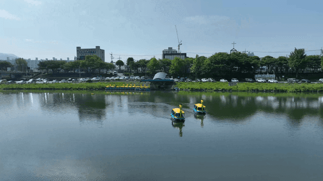 오리배와 다리가 있는 강