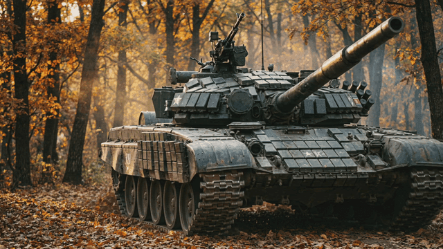 Tank passing through autumn forest