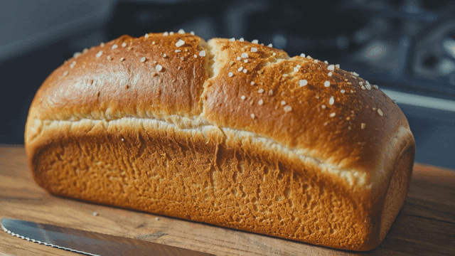 Freshly baked bread topped with salt on cutting board