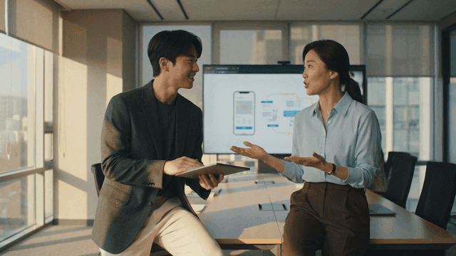 Colleagues discussing a project in an office