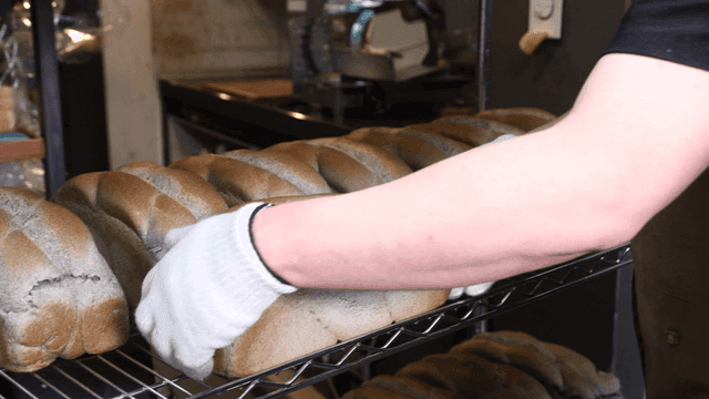 Freshly baked bread on cooling rack