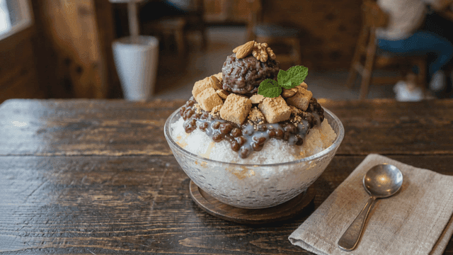 Bowl of red bean shaved ice topped with Injeolmi and nuts