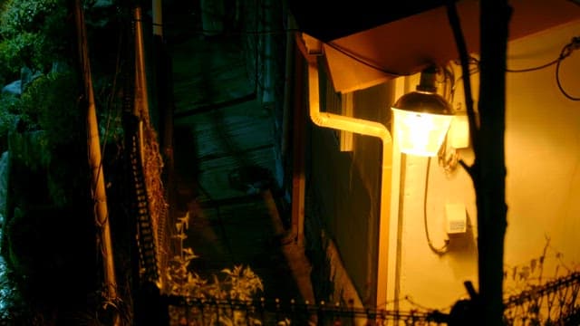 Dimly lit alley with a street lamp