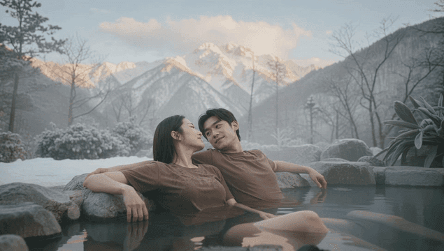 눈 덮인 산을 배경으로 온천에서 휴식을 취하는 커플
