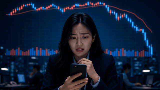 사무실에서 하락하는 주가 차트를 휴대폰으로 확인하는 걱정스러운 여성