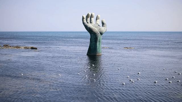 Large hand sculpture in the sea