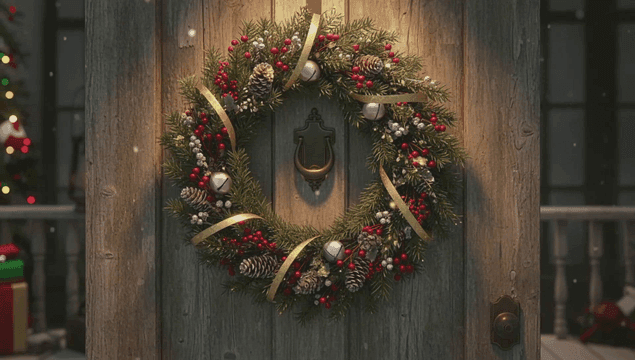 나무 문에 걸린 크리스마스 축제 화환