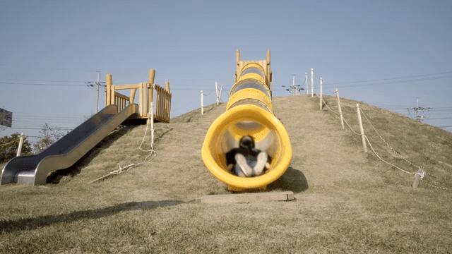 Man riding yellow tube slide