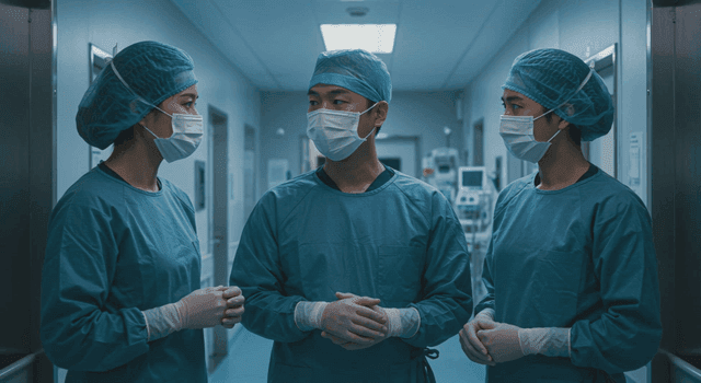 수술실 복도에서 토론하는 의사들