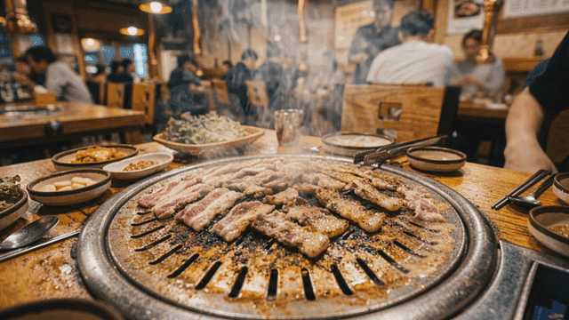Pork belly grilling in busy restaurant