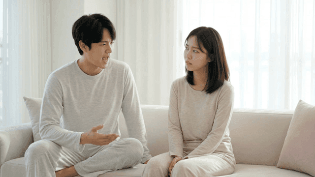 소파에서 진지한 표정으로 말다툼하는 커플