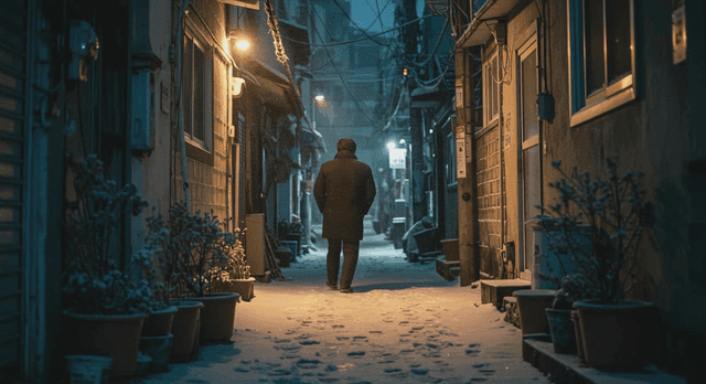 눈 내리는 밤 골목길을 걷는 사람의 뒷모습