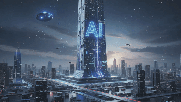 Futuristic cityscape with AI tower
