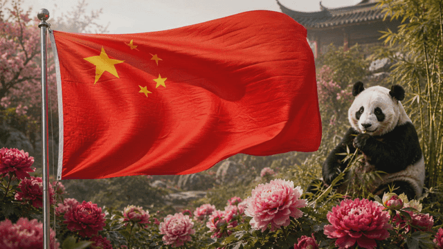 Panda next to Chinese flag in garden
