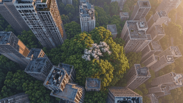 푸른 나무들이 둘러싼 버려진 고층 빌딩들