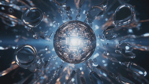 액체로 둘러싸인 빛나는 회로 구체